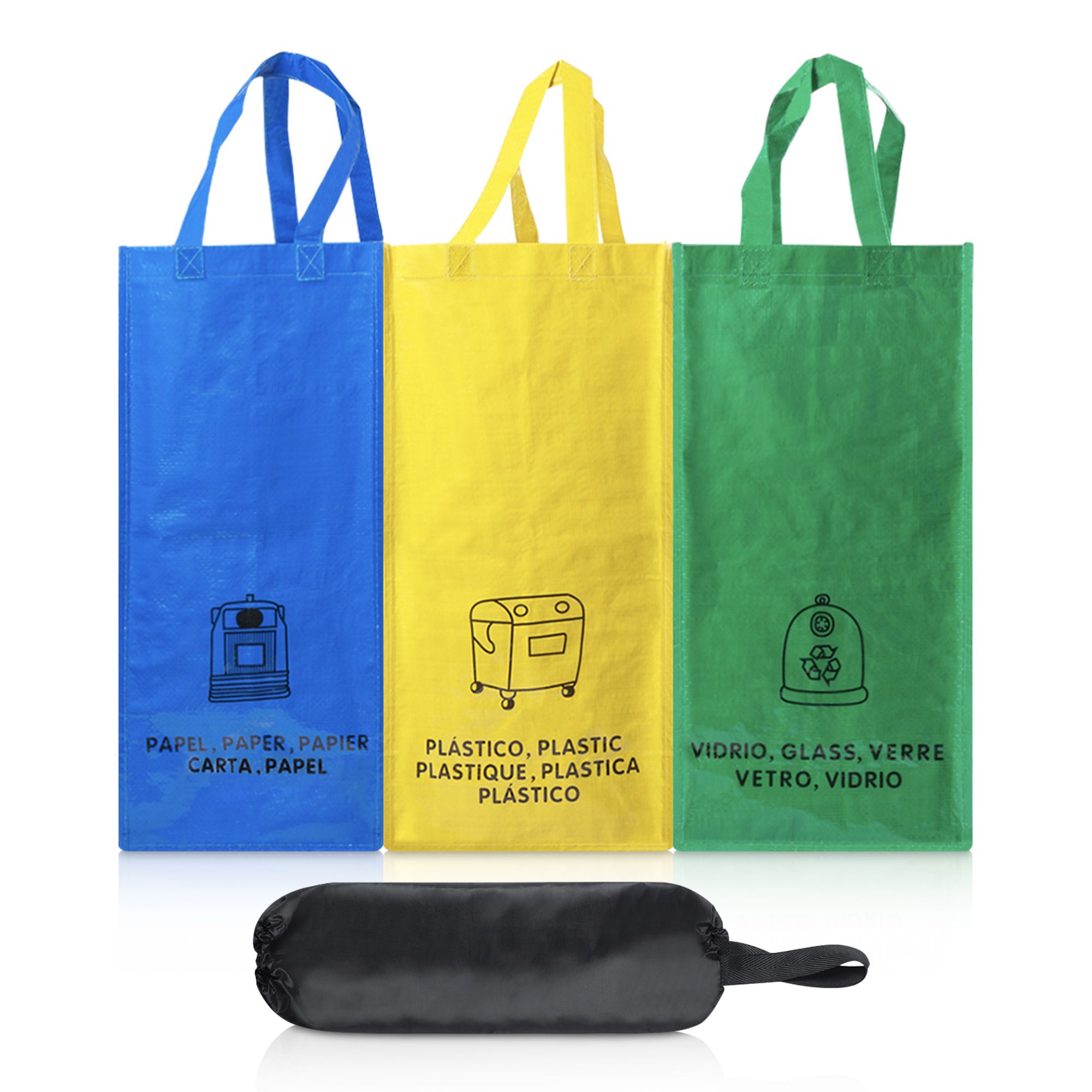 Bolsas de Reciclaje Plegables 3 Bolsas de Colores para reciclaje de Vidrio, Cartón y plástico